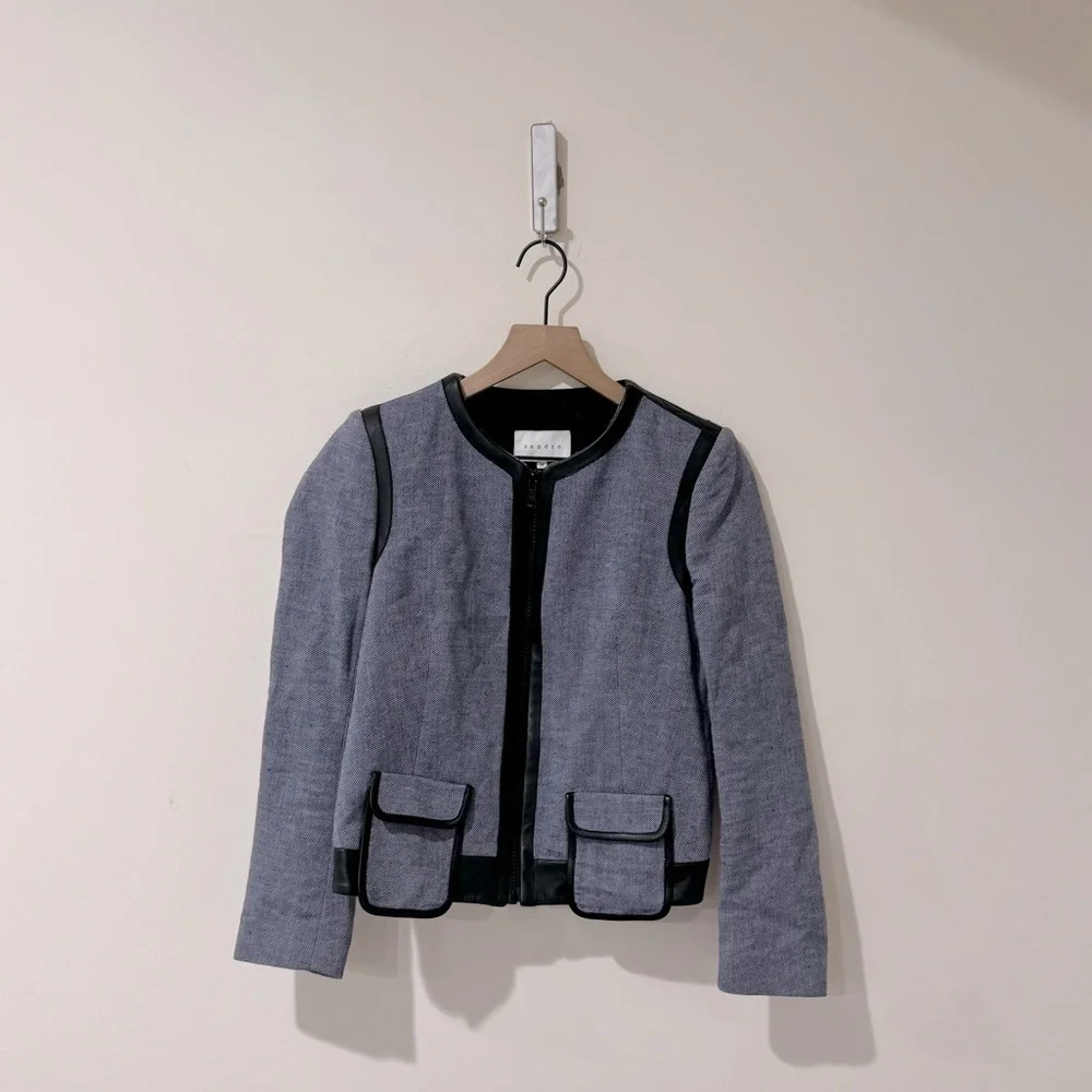 • Sandro Paris • Women’s Zip Up Blazer Jacket Blue & Black Lamb Leather Lining